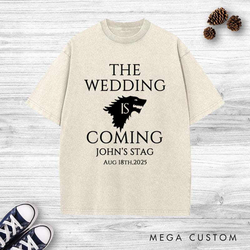Personalized Groom Bachelor Party Washed T-Shirt THE WEDDING IS COMING Wolf PackT-Shirt for Him Retro Groomsman y2k Shirts for Men
