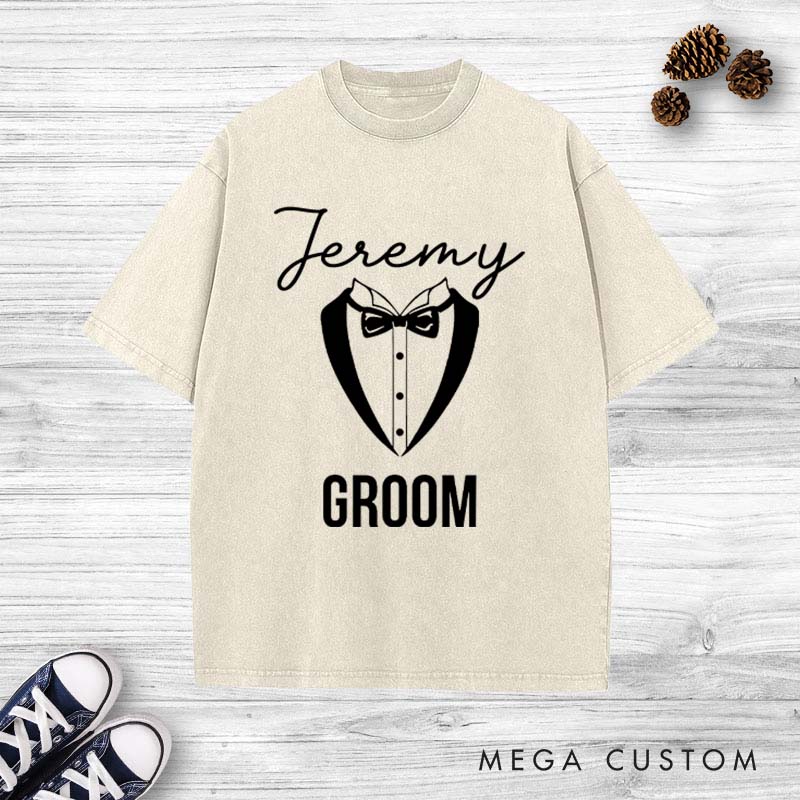 Personalized Groom Tuxedo Washed T-Shirt Groom Club Bachelor Party T-Shirt Vintage y2k Washed T-Shirt for Best Man Men Groomsmen T-Shirt