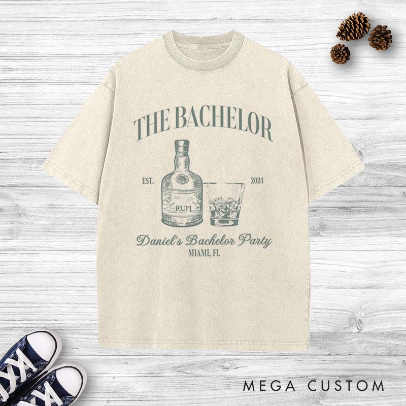 Personalized "The Bachelor" Rum-Themed Party Washed T-Shirt Groomsman Wedding Party Favors Shirts Retro Washed T-Shirt for Best Man