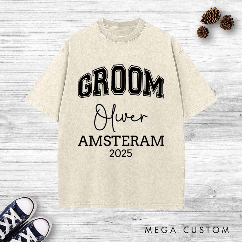 Personalized Groom Washed T-Shirt Minimalist Groomsmen Bachelor Party Shirts Groom Crew Shirts Retro Washed T-Shirt for Best Man