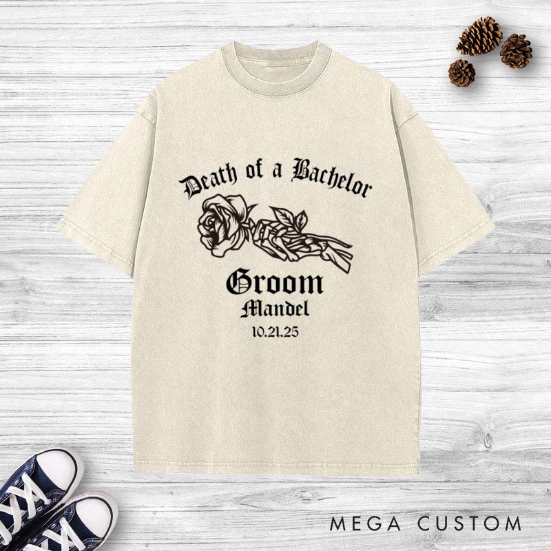 Personalized Death of a Bachelor Washed T-Shirt Gothic Groom Bach Party Shirts Groom Crew Washed T-Shirts Vintage Washed T-Shirt for Best Man