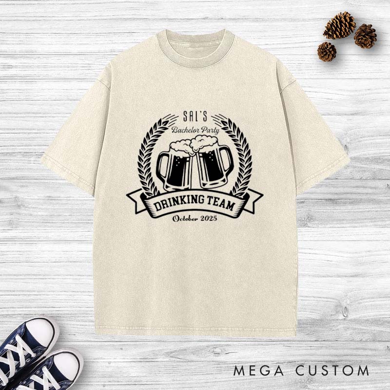 Personalized Groom Drinking Team Bachelor Party Washed T-Shirt Groomsmen Beer Lover T-Shirt Retro Washed T-Shirts for Best Man