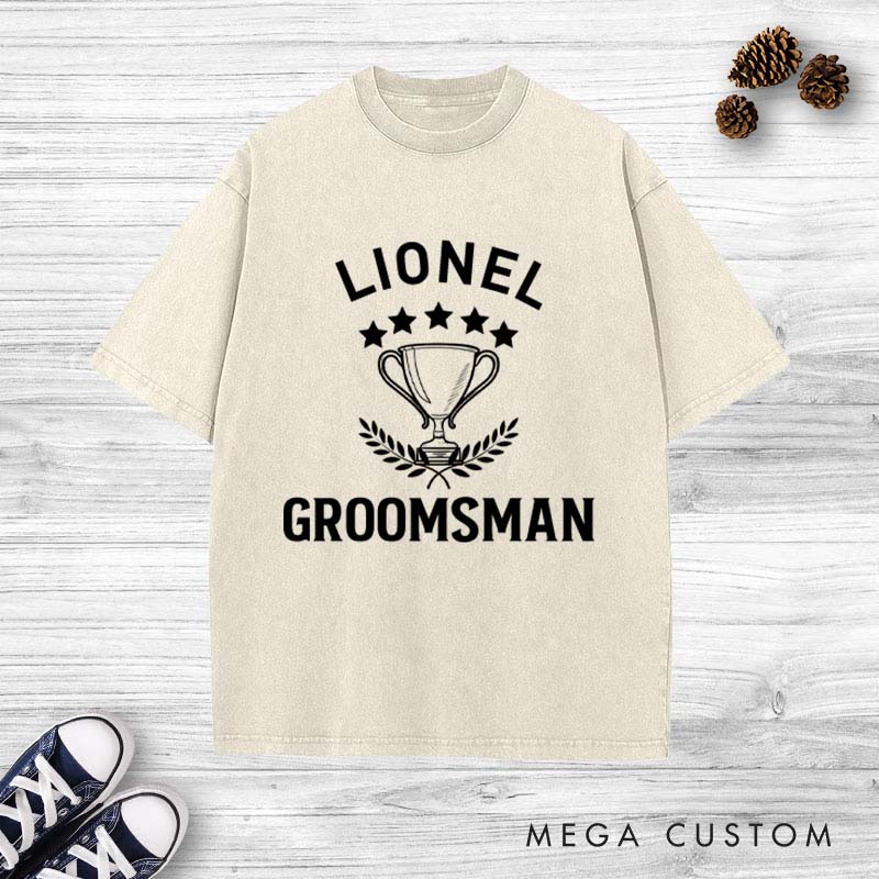 Personalized Groomsman Trophy Bachelor Party Washed T-Shirt Groomsmen Wedding Party T-Shirt Retro Washed T-Shirts for Best Man