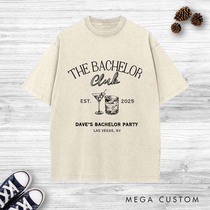 Personalized Groom Bachelor Club Washed T-Shirt Vintage Groomsmen Wedding Favors T-Shirt for Groom Club Minimalist Washed T-Shirts for Best Man