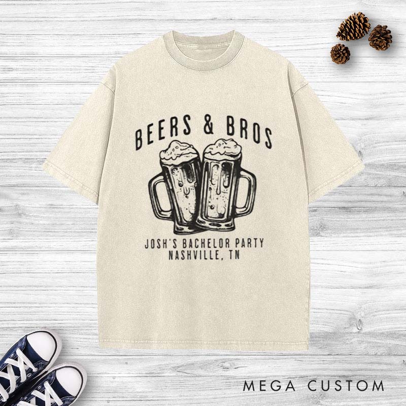 Personalized BEERS & BROS Washed T-Shirt Groom Groomsmen Cheers Beers Wedding T-Shirt Beer-Themed Washed T-Shirts for Best Man