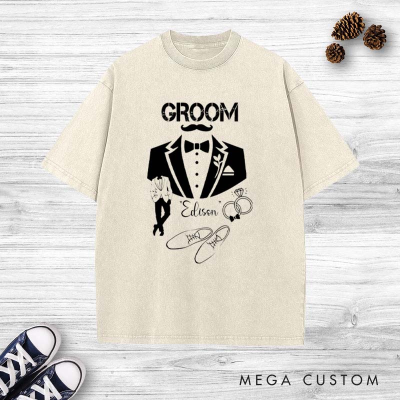 Personalized Stylish Groom Washed T-Shirt Celebrating Groom’s Big Day Shirts Groomsman Bachelor Party Favors Shirt Wedding T-Shirt for Men