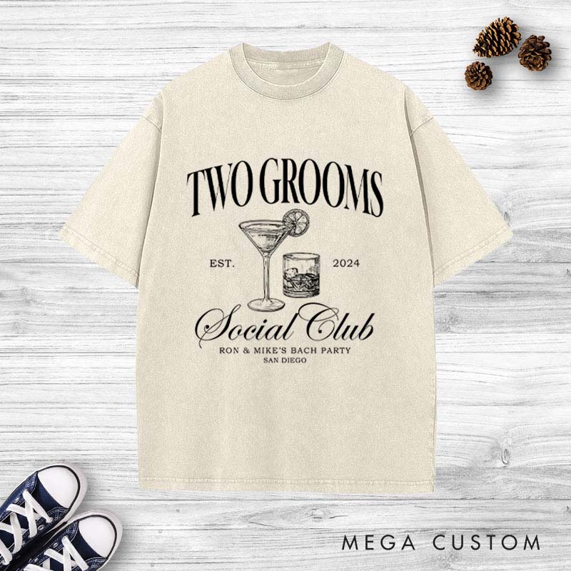 Personalized TWO Groom Bachelor Party Washed T-Shirt LGBTQ Wedding Party T-Shirt Retro Groomsmen y2k Washed T-Shirts for Gay