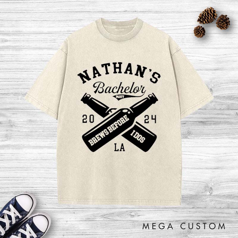 Personalized Brews Before I Dos Groom Washed T-Shirt Groom Wedding Party T-Shirt Retro Groomsman y2k Washed T-Shirts for Best Man