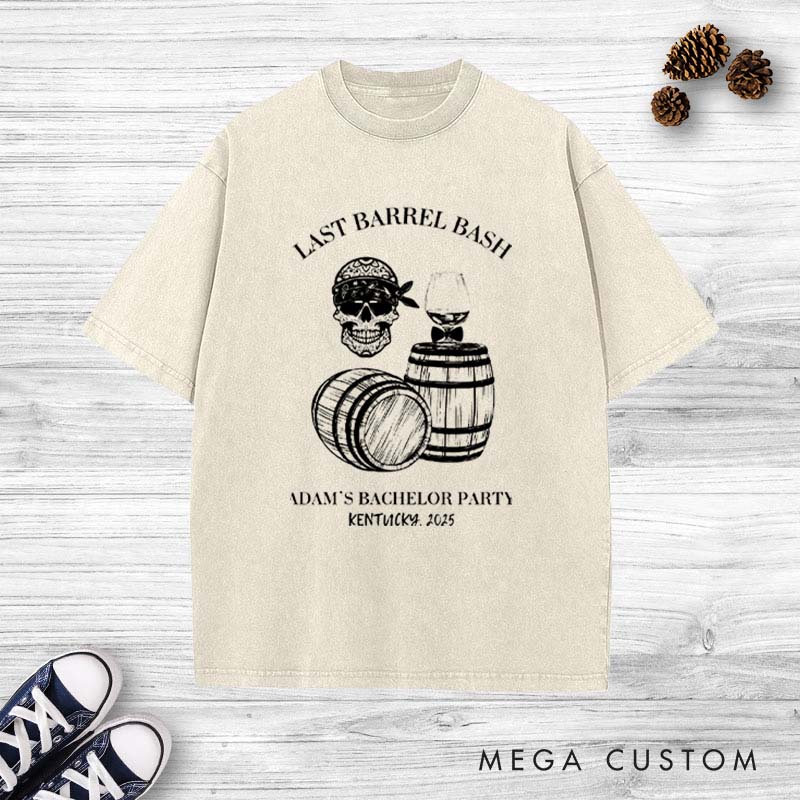 Personalized  "Last Barrel Bash" Groom Club Washed T-Shirt Groomsmen Bachelor Party T-Shirt Retro Groomsman y2k Washed T-Shirts for Men
