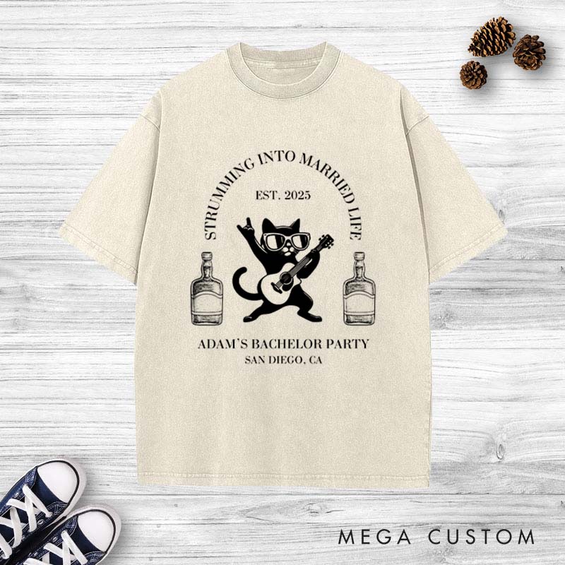 Personalized Groom Bach Party Washed T-Shirt "Strumming Into Married Life" Wedding Party Favors T-Shirt Groomsman Proposal Tees for Best Man