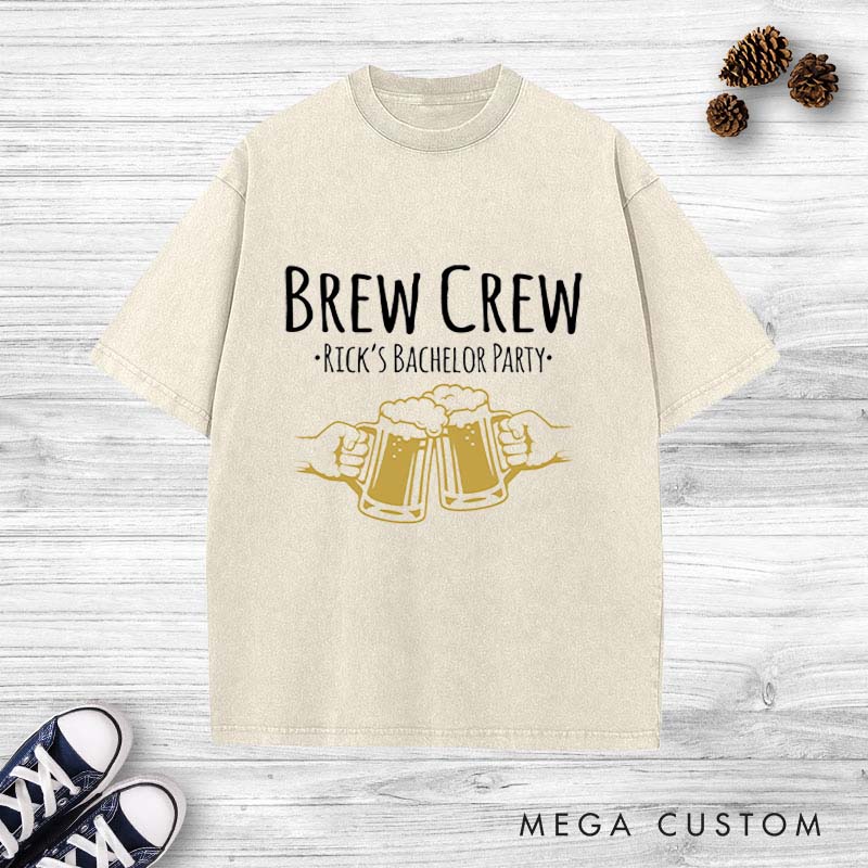 Personalized Brew Crew Bachelor Washed T-Shirt Groom Groomsmen Bachelor Party Favors Shirts Retro y2k Washed T-Shirt for Best Man