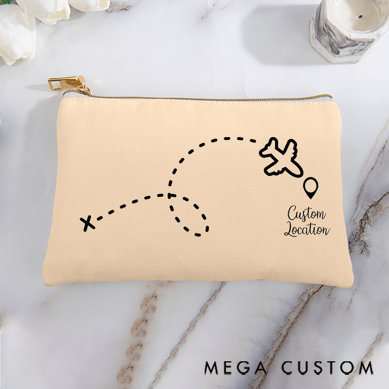 Personalized Makeup Bag Gift for Travel Lovers Air Route Custom Location