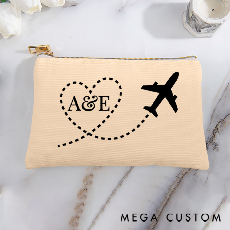Personalized Makeup Bag Gift for Traveler Custom Initials and Heart Route