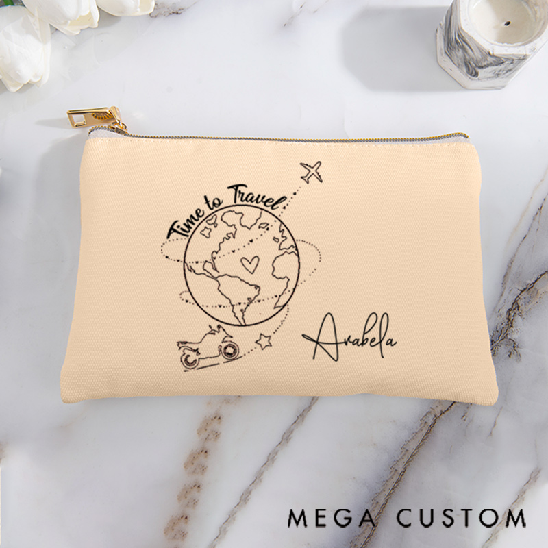 Personalized Makeup Bag Gift for Travel Lovers Time to Travel and Custom Name