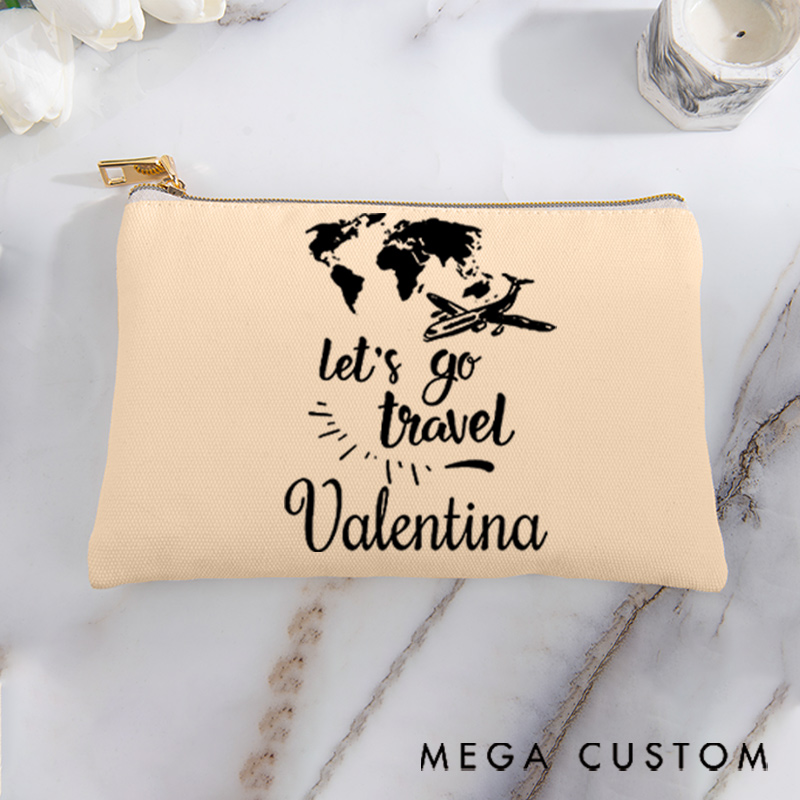 Personalized Makeup Bag Gift for Travel Lovers Map Let's Go Travel and Custom Name