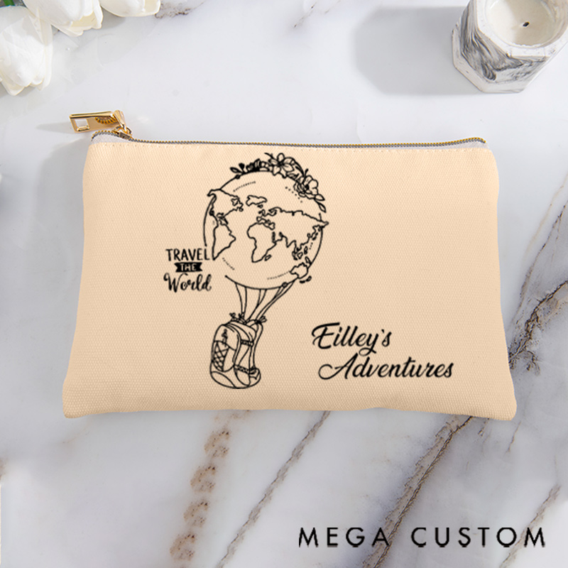 Personalized Makeup Bag Gift for Travel Lovers Hot Air Balloon Earth and Custom Name Adventures