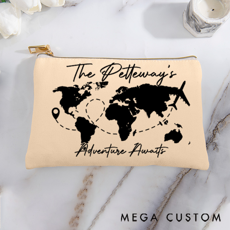 Personalized Makeup Bag Gift for Travel Lovers Adventure Awaits and Custom Name