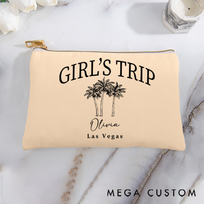 Personalized Makeup Bag Gift for Travel Lovers Girls Trip Custom Name and Destination