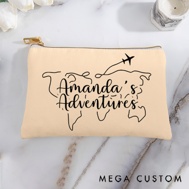 Personalized Makeup Bag Gift for Travel Lovers Line Map and Custom Traveler's Name Adventure