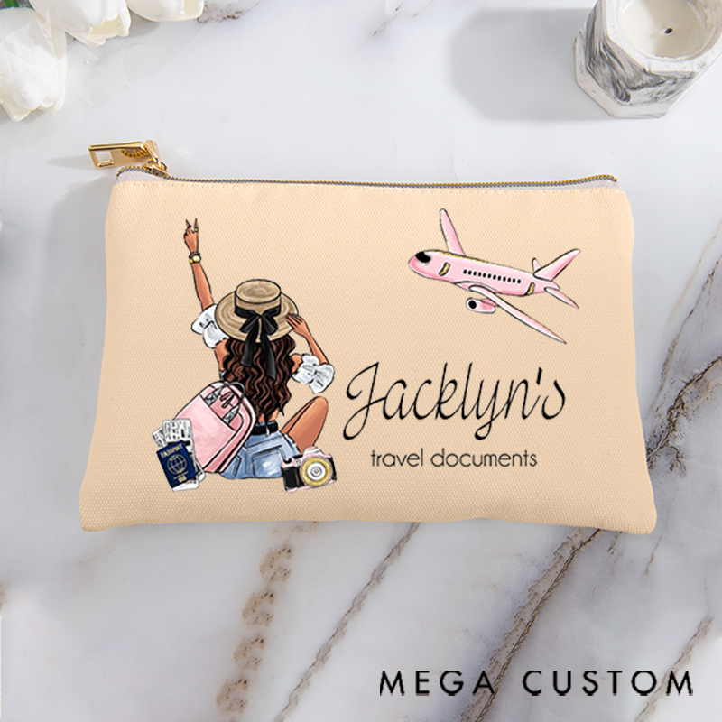 Personalized Makeup Bag Traveling Gift for Traveler Girl's Travel Documents and Custom Name