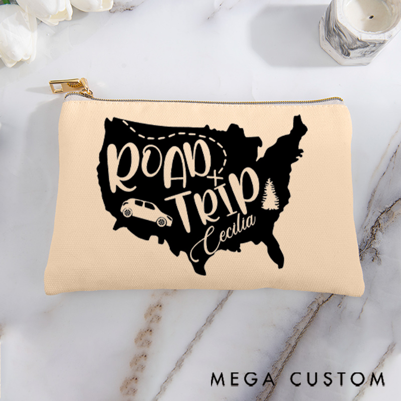 Personalized Makeup Bag Gift for Girls Travel Lovers Map Road Trip and Custom Name
