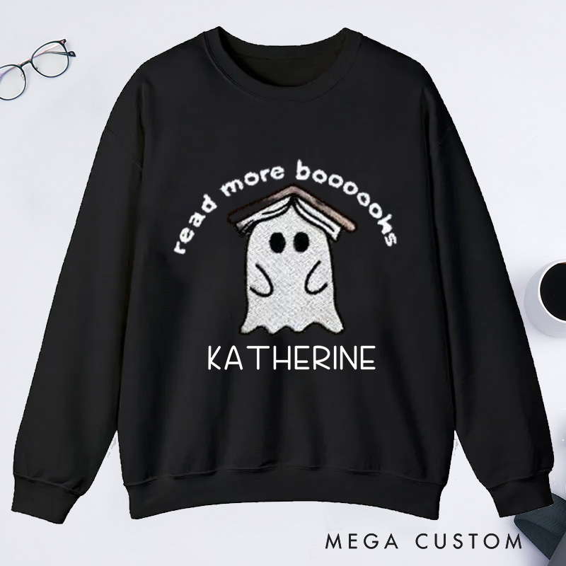 Personalized Ghost Book Classic Sweatshirts Fall Spooky Season Sweatshirt Reading Ghost Sweatshirt Book Lovers Gift Halloween Gift