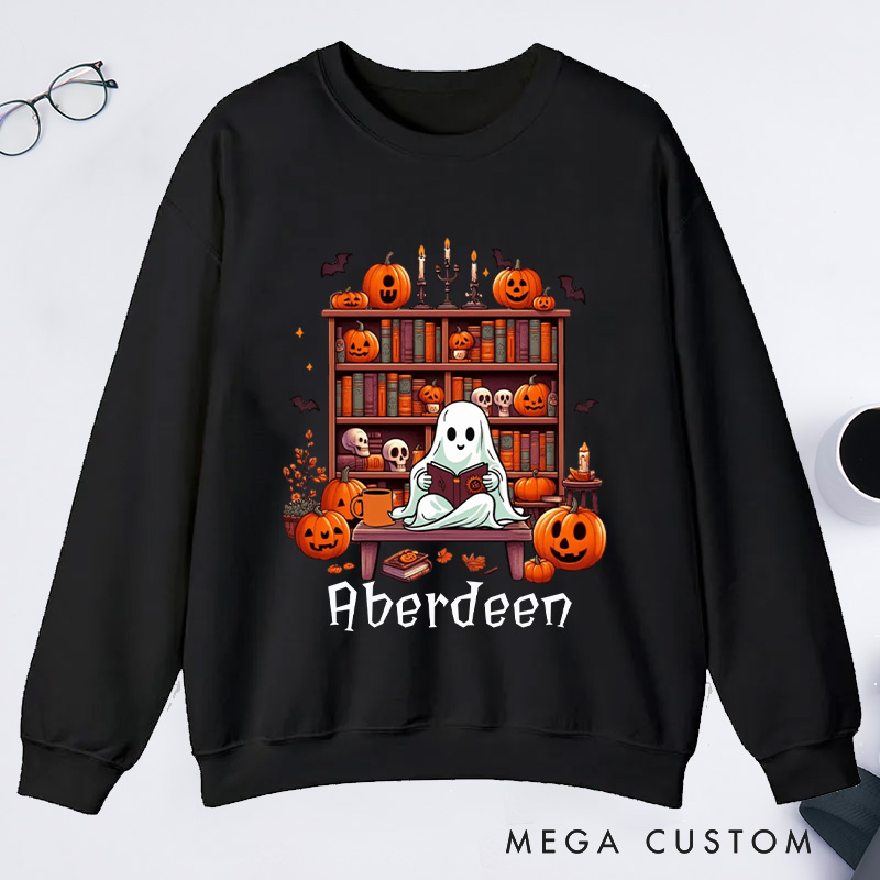 Personalized Ghost Book Reader Classic Sweatshirts Halloween Sweatshirt Bookish Sweatshirt with Name Book Lover Gift Librarian Gift Halloween Gift