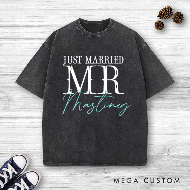 Personalized Modern Just Married Mr and Mrs Matching Wedding Couple Washed T-Shirt