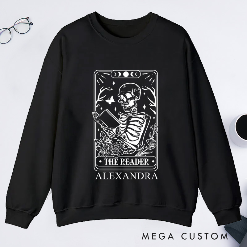 Personalized The Reader Tarot Card Classic Sweatshirts Skeleton Sweatshirt Bookish Sweatshirt with Name Book Lover Gift Librarian Gift Reader Gift