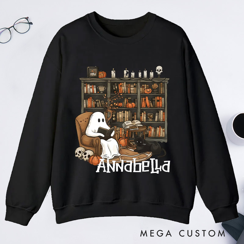 Personalized Retro Ghost Reading Books Classic Sweatshirts Book Lover Sweatshirt Halloween Sweatshirt Reading Gift Librarian Gift Book Lover Gift