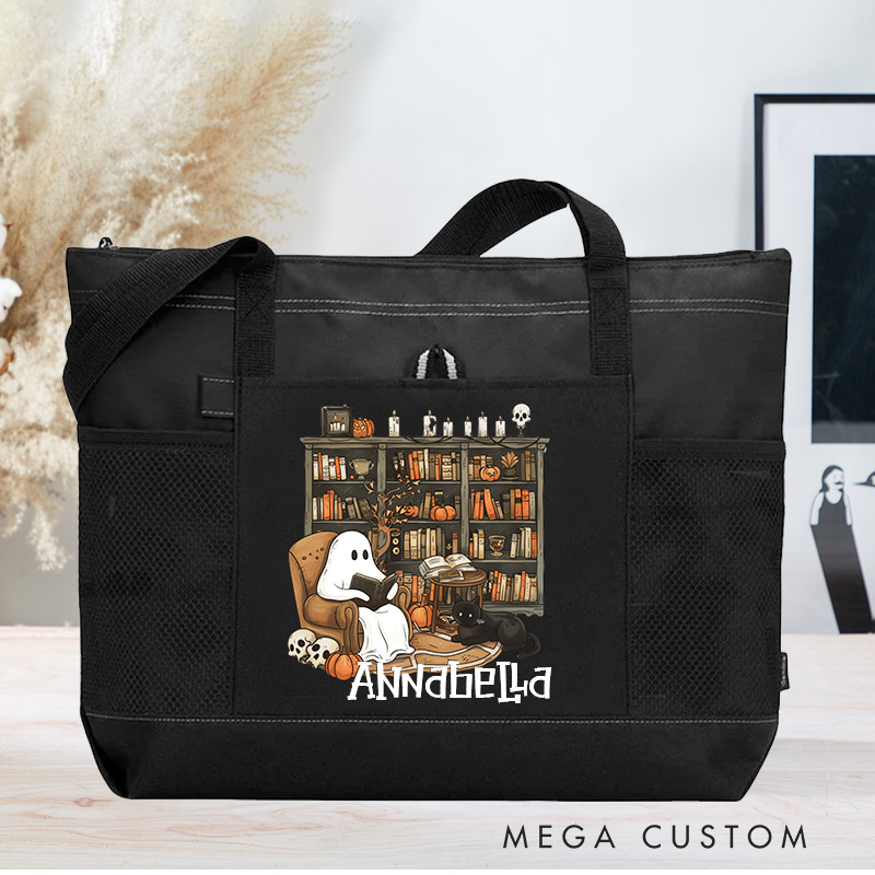 Personalized Retro Ghost Reading Books Tote Bag Book Lover Bag with Name Halloween Bag Halloween Gift Librarian Gift Book Lover Gift