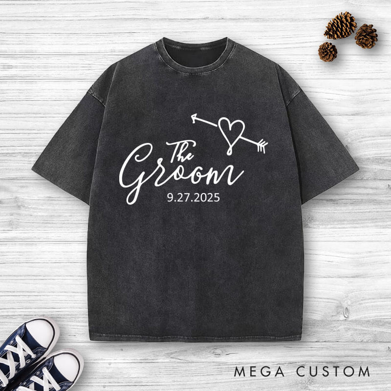 Personalized Romantic The Bride and The Groom with Heart Arrow Matching Wedding Couple Washed T-Shirt