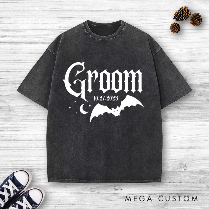 Personalized Halloween-Inspired Gothic Bride and Groom with Bat and Moon Matching Wedding Couple Washed T-Shirt