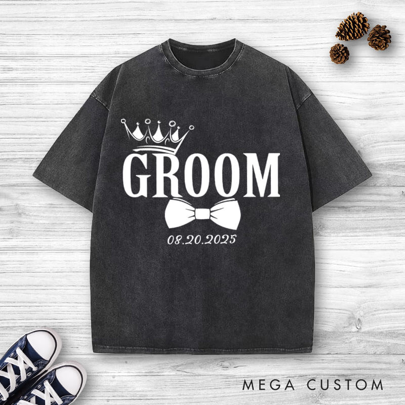 Personalized Regal Bride and Groom with Crowns and Date Matching Wedding Couple Washed T-Shirt
