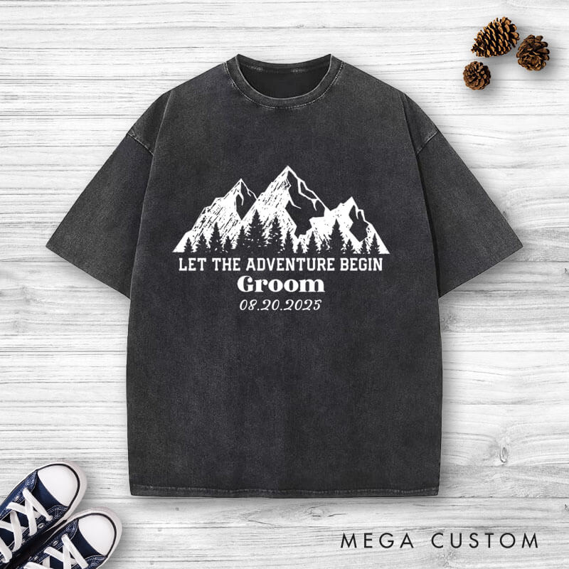 Personalized Rustic Line Mountains Let The Adventure Begin Bride and Groom Matching Wedding Couple Washed T-Shirt