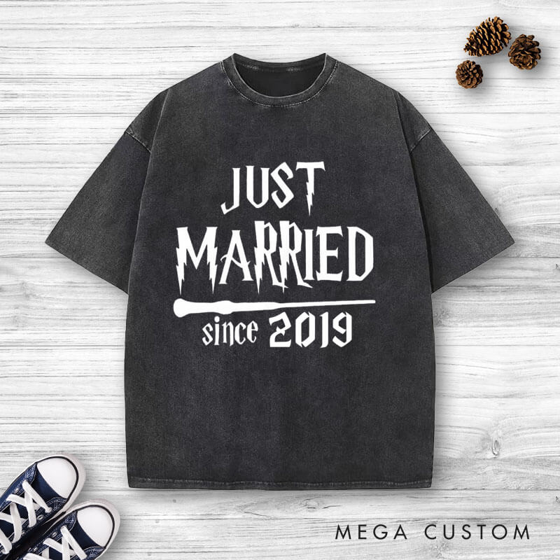Personalized Magical Just Married with Year Newlyweds Matching Wedding Couple Washed T-Shirt