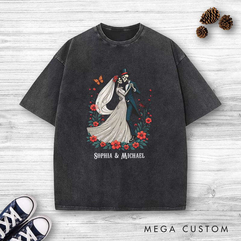 Personalized Romantic Dancing Skeleton Matching Wedding Couple Washed T-Shirt