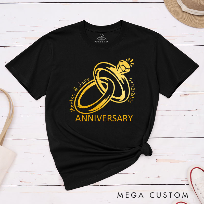 Personalized Golden Rings Anniversary T-Shirt Elegant Celebrate Couple Anniversary T-Shirts for Husband Wife Anniversary Gift Tees
