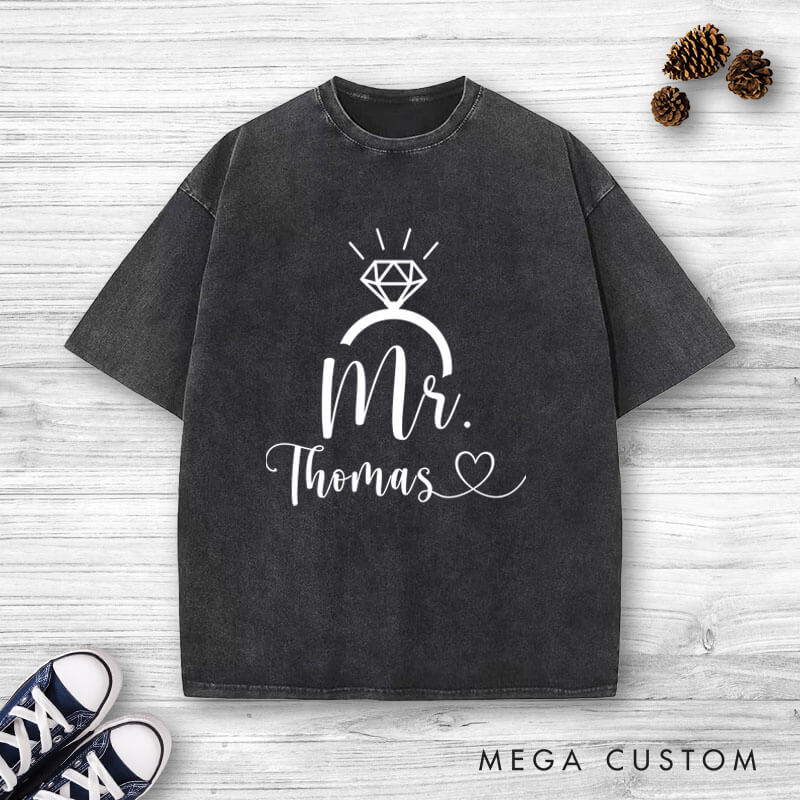 Personalized Elegant Mr and Mrs with Diamond Ring Wedding Couple Washed T-Shirt