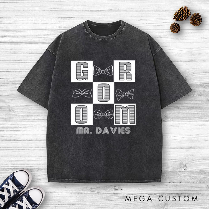 Personalized Chic Bow-Themed Bride and Groom Matching Wedding Couple Washed T-Shirt