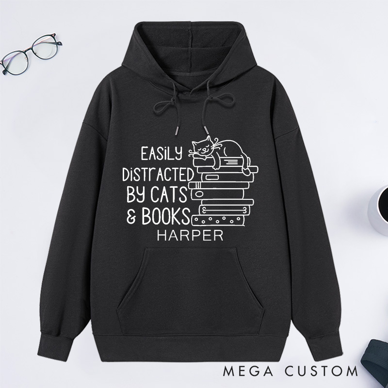 Personalized Easily Distracted By Cats And Books Classic Hoodies Book Lover Gift Funny Cat Hoodies