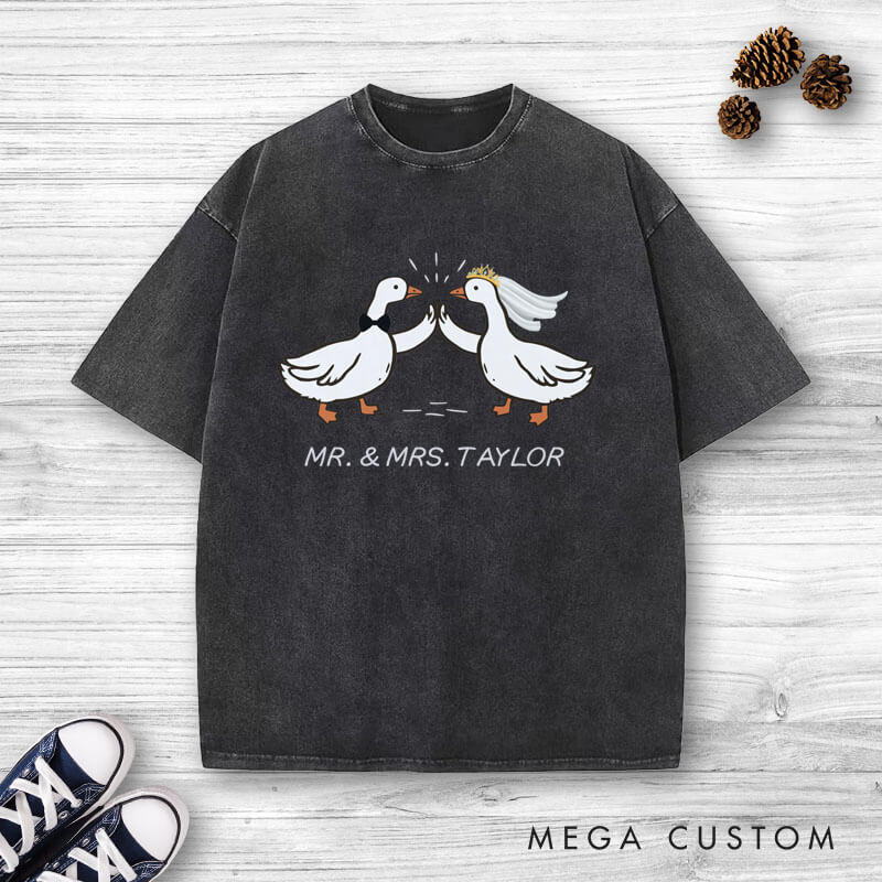 Personalized Mr and Mrs Silly Goose Bride and Groom Wedding Couple Washed T-Shirt