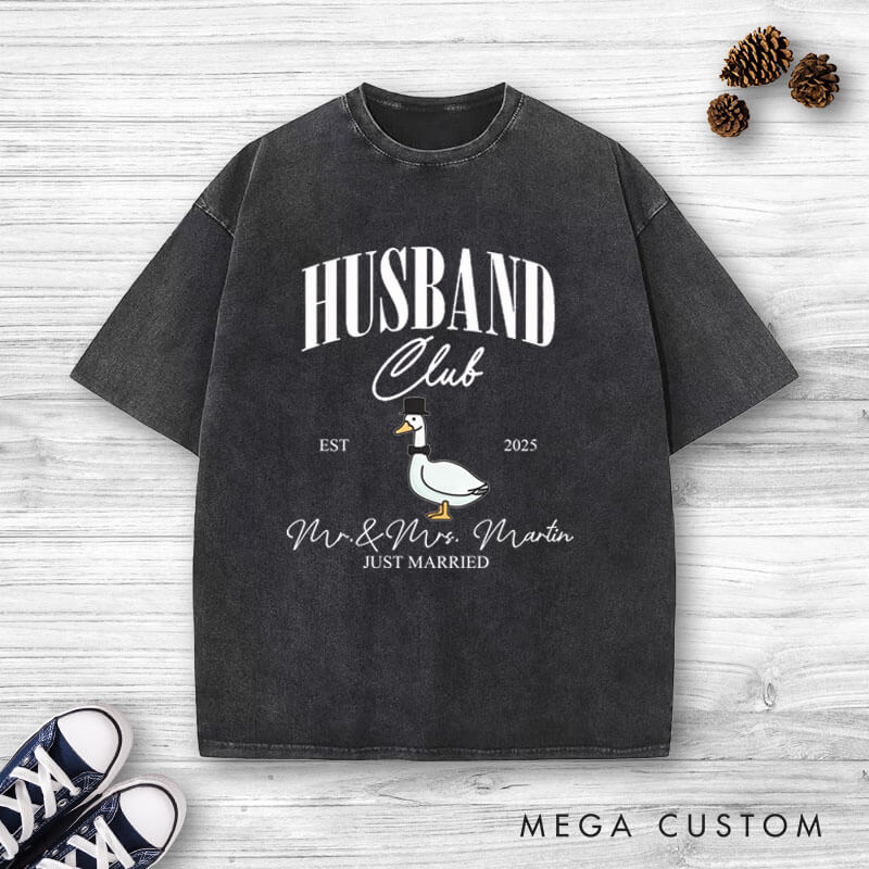 Personalized Just Married Husband and Wife Clubs Wedding Couple Washed T-Shirt