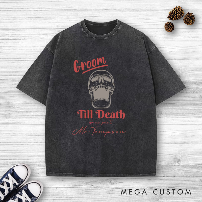 Personalized Vintage Til Death Do Us Part Skeleton Bride and Groom Matching Wedding Couple Washed T-Shirt