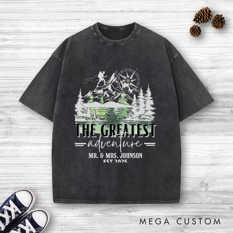 Personalized The Greatest Adventure Mr and Mrs Wedding Couple Washed T-Shirt