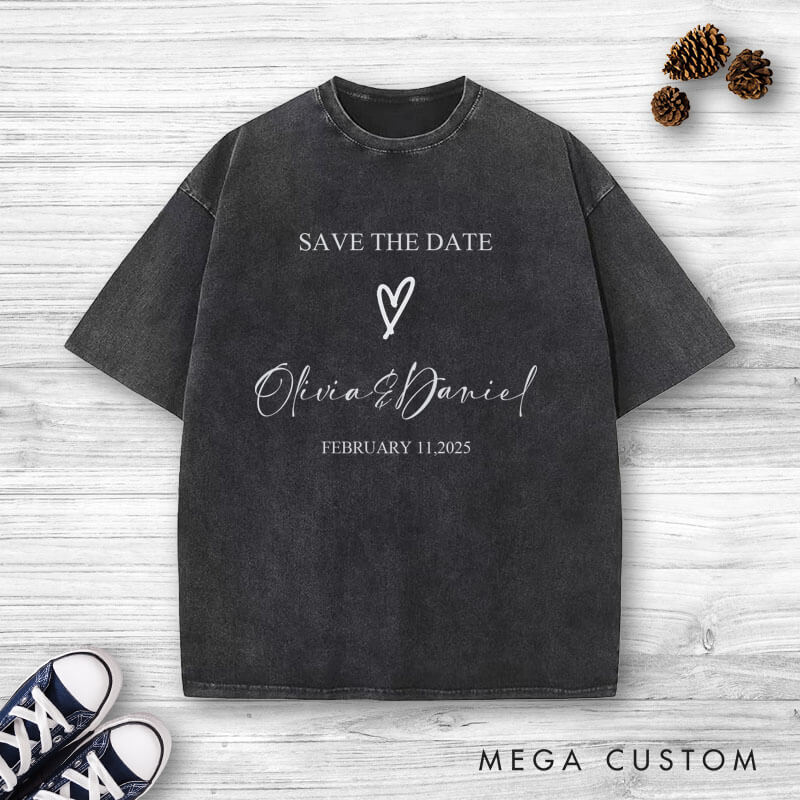 Personalized Save The Date with Your Names and Heart Wedding Couple Washed T-Shirt