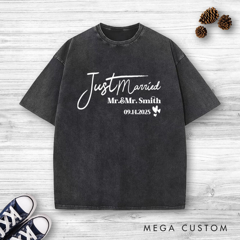 Personalized Elegant Just Married Mr and Mrs with Hearts Wedding Couple Washed T-Shirt