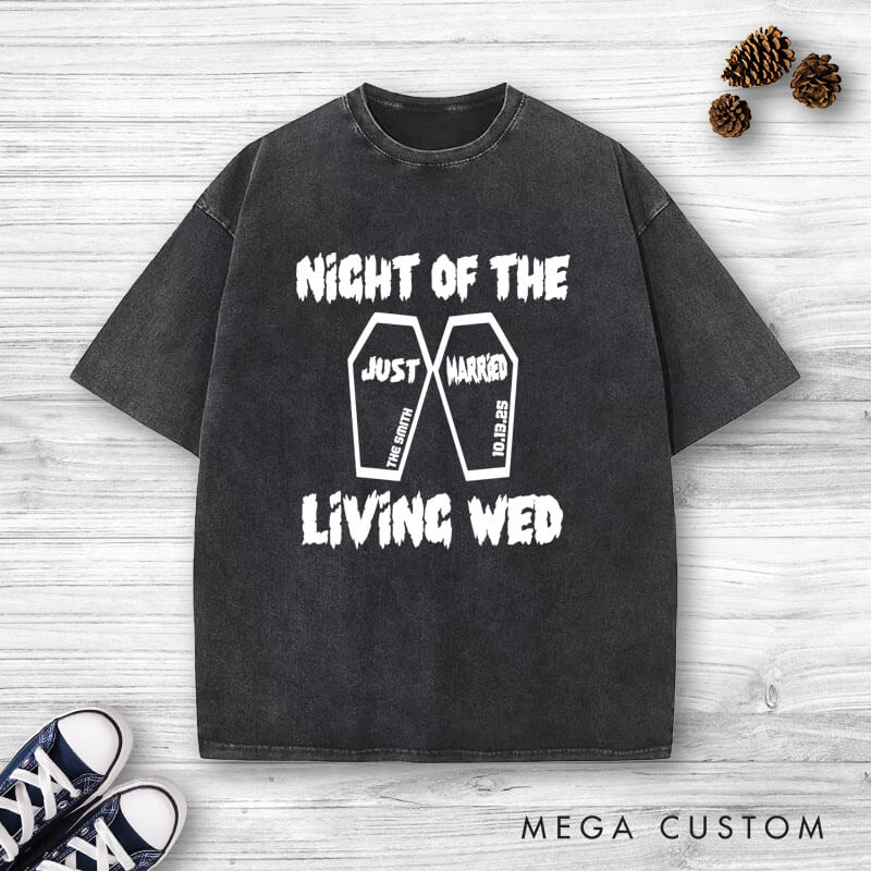 Personalized Spooky Night of the Living Wed Just Married Wedding Couple Washed T-Shirt