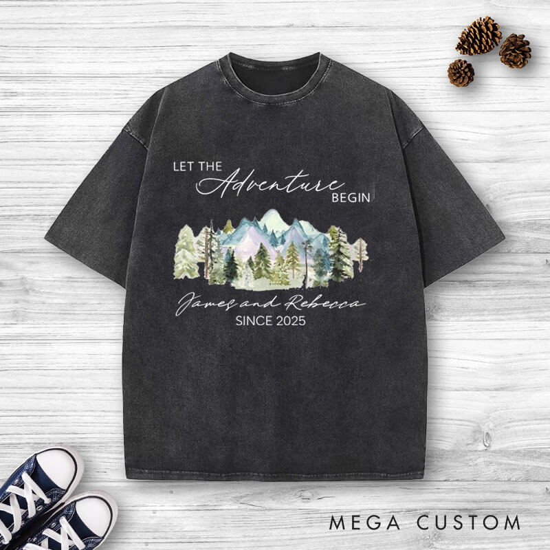 Personalized Mountain Scenic Let the Adventure Begin Newlyweds Wedding Couple Washed T-Shirt