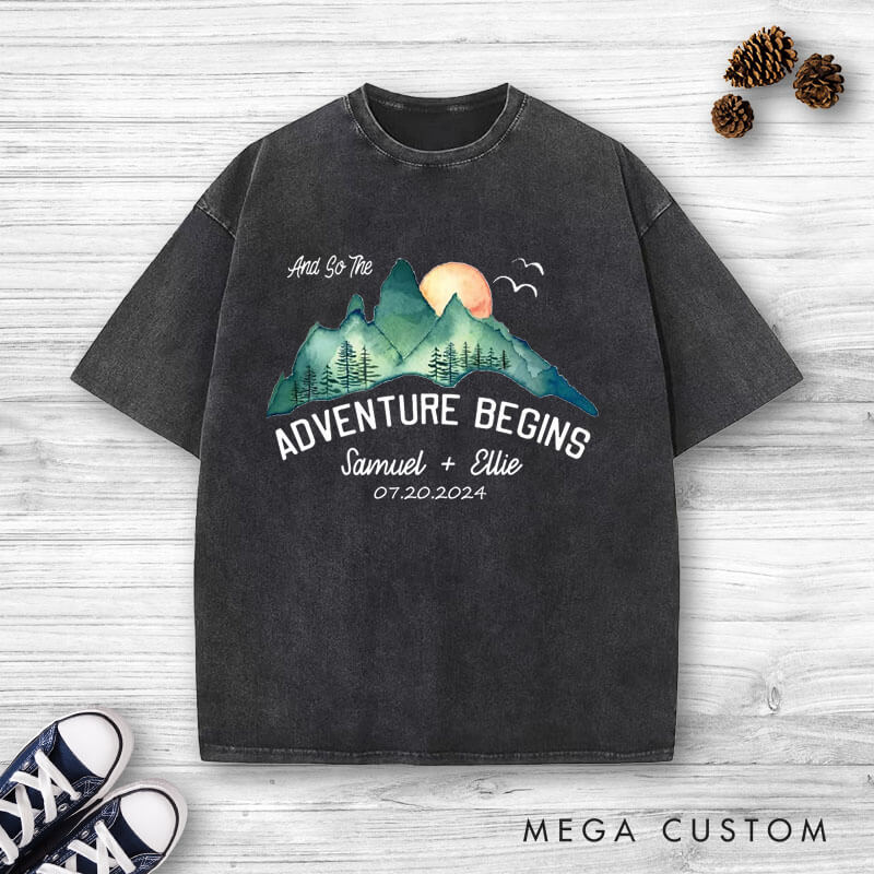 Personalized Scenic And So The Adventure Begins Newlyweds Wedding Couple Washed T-Shirt